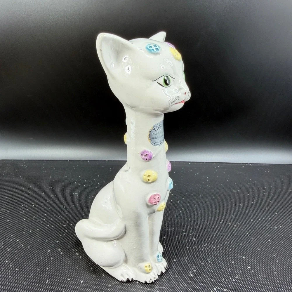 Vintage Tosca Italy Ceramic Cat Figurine MCM Hand Painted White Pastel Buttons‎